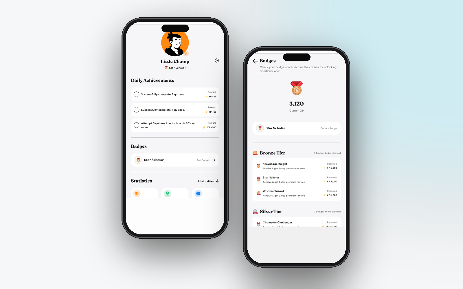 MCQsLearn app achievements and badges screens
