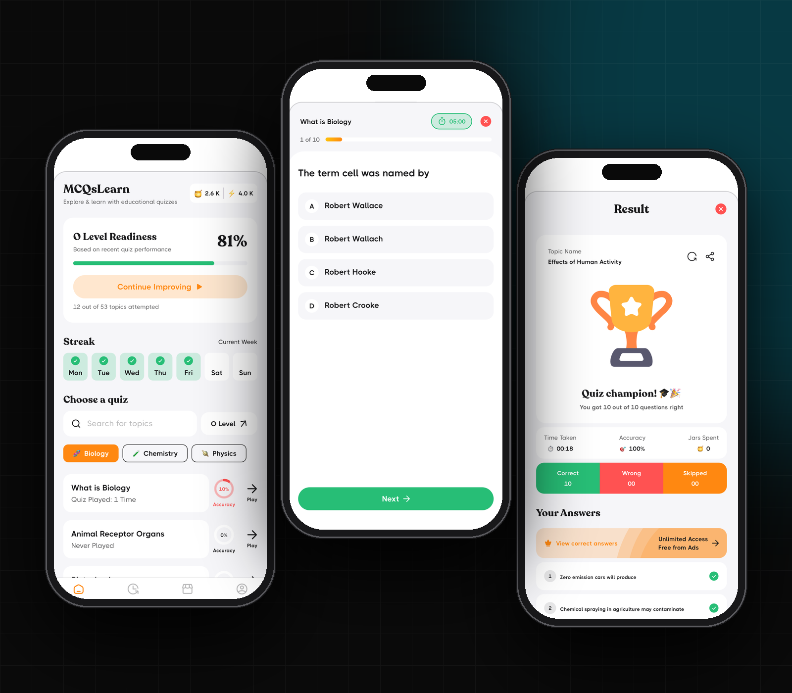 Three MCQsLearn All-in-One app screens: dashboard with O Level Readiness 81% and streak, a timed quiz question, and the Result screen
