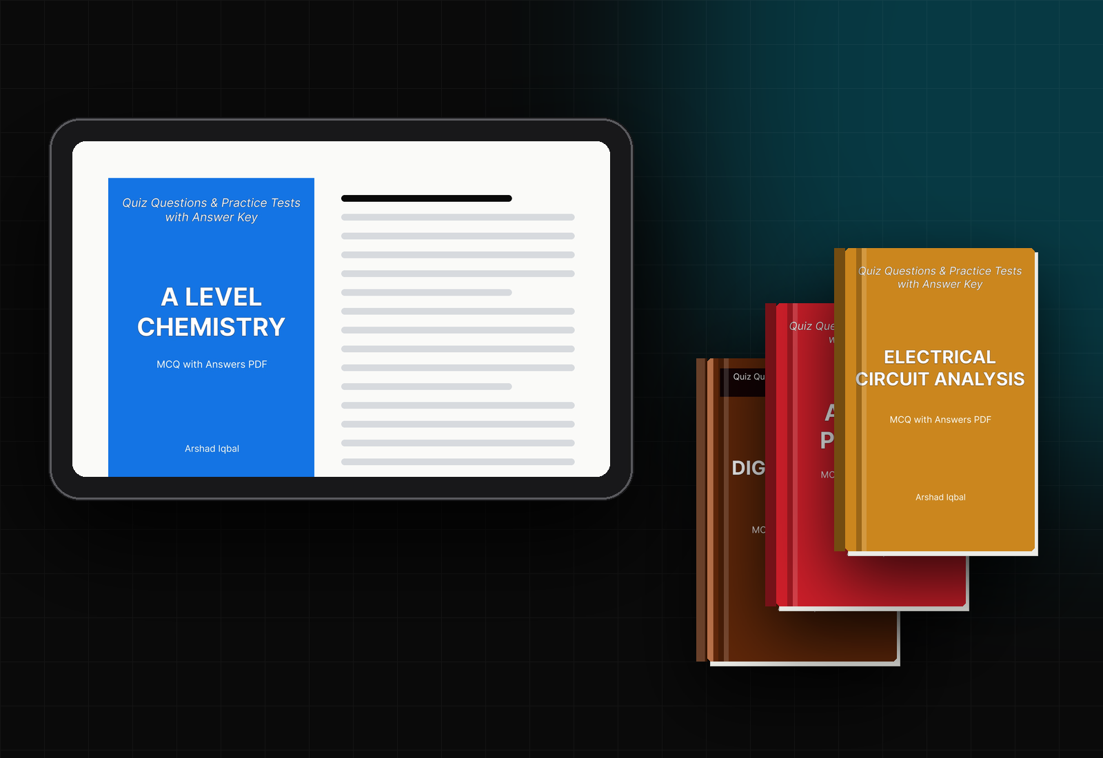 A Level Chemistry e-book open on a tablet beside printed copies of Digital Logic Design, A Level Physics and Electrical Circuit Analysis