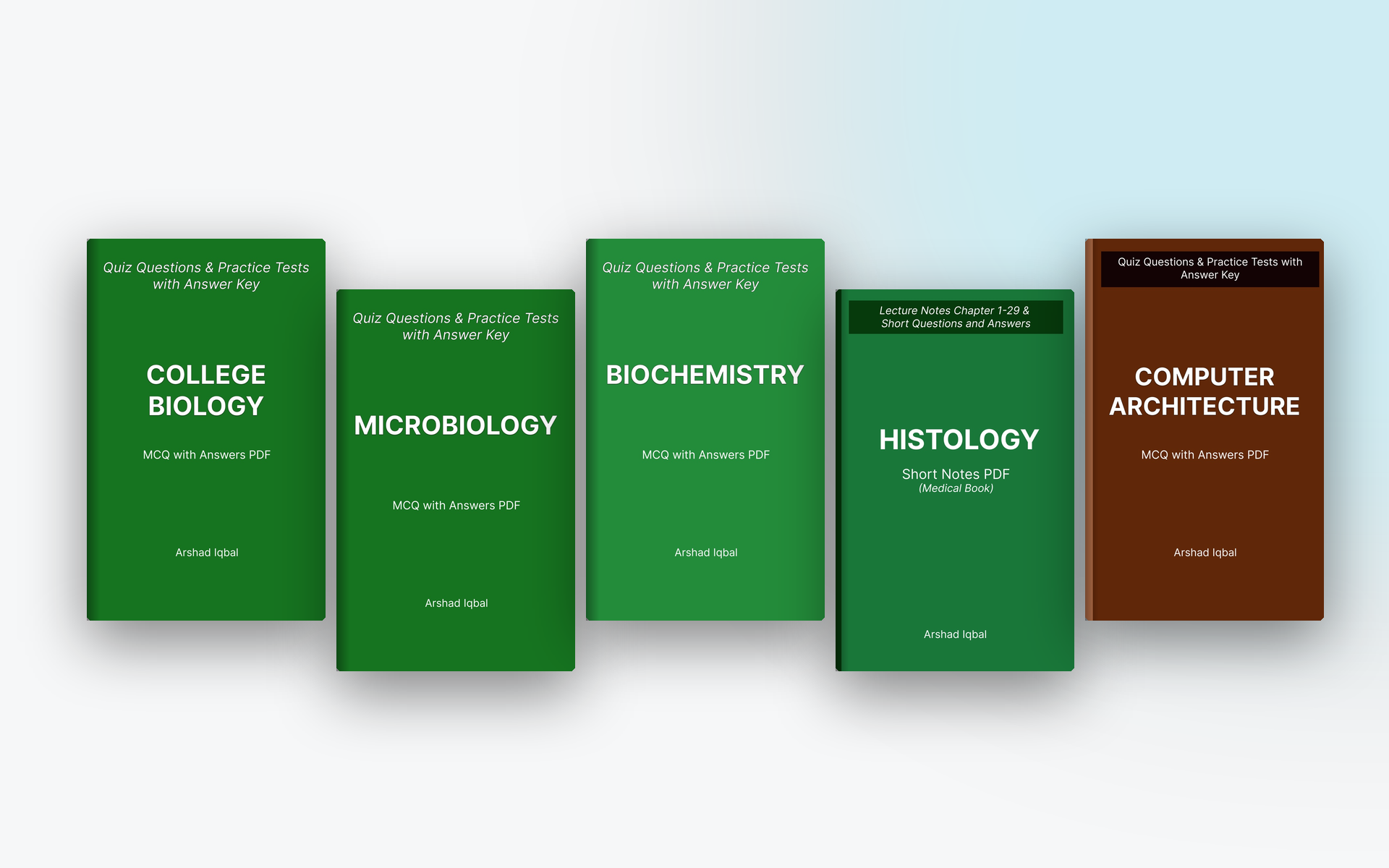 MCQsLearn e-book covers: College Biology, Microbiology, Biochemistry, Histology and Computer Architecture