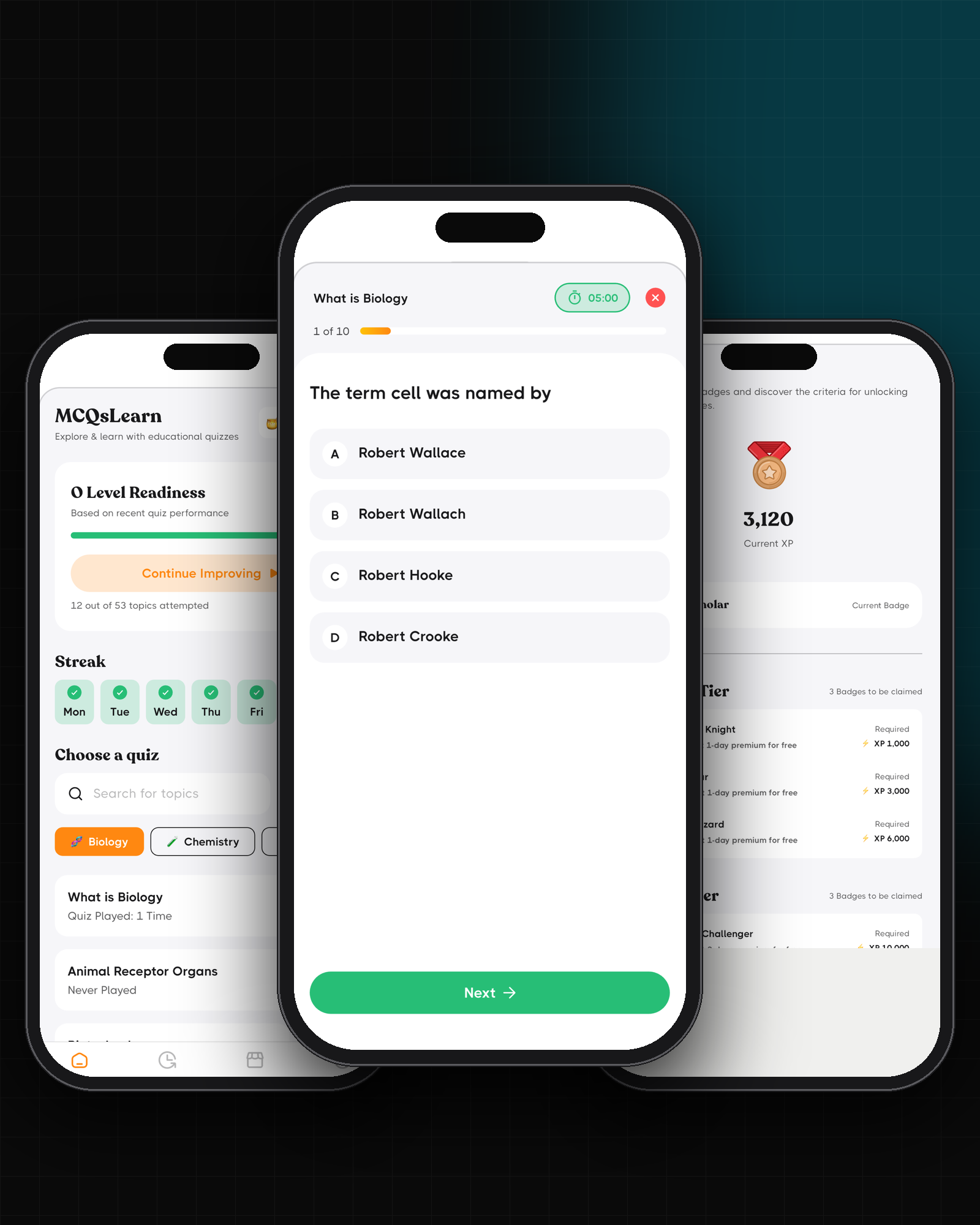 MCQsLearn All-in-One Courses app screens: dashboard, timed quiz and badges