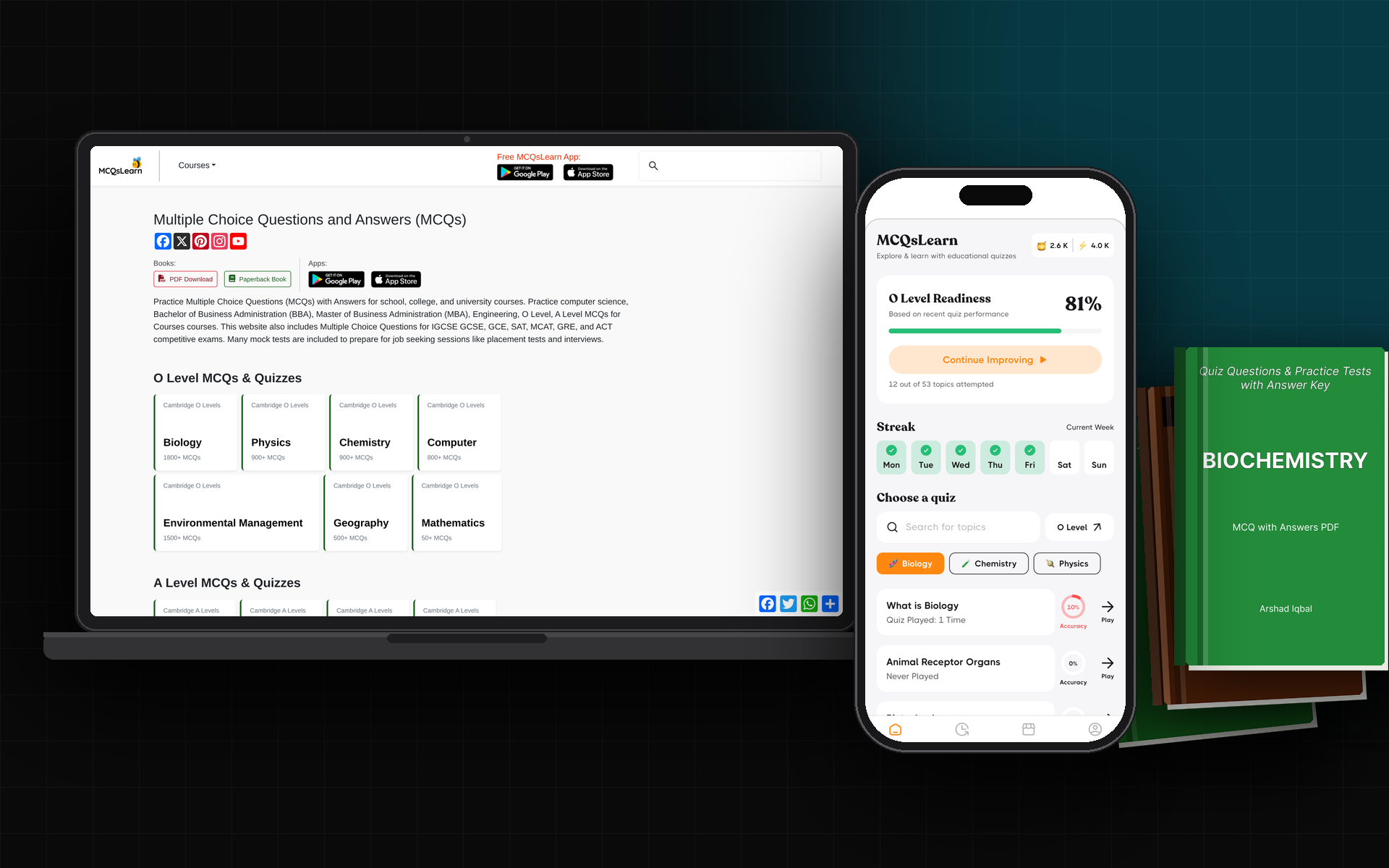 The MCQsLearn ecosystem: MCQsLearn.com on a laptop, the All-in-One Courses app dashboard on an iPhone and three published e-books